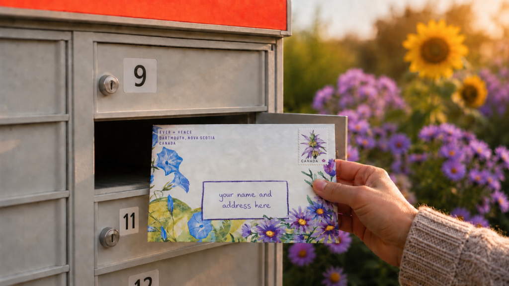 Ever + Hence Envelope 000 being collected from a community mailbox, with purple asters and sunflowers glowing in the late-summer background.