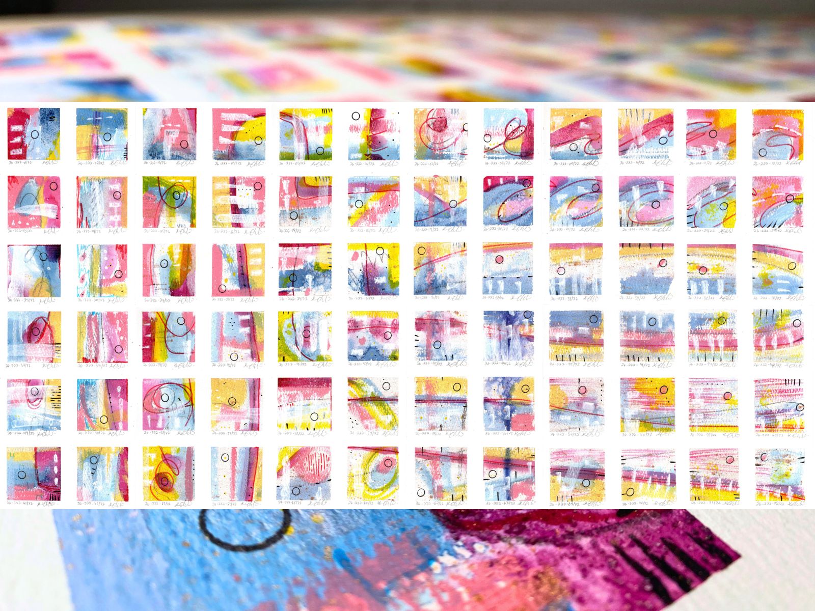 The completed Ever + Hence artwork divided into 72 painted squares before it was cut apart.
