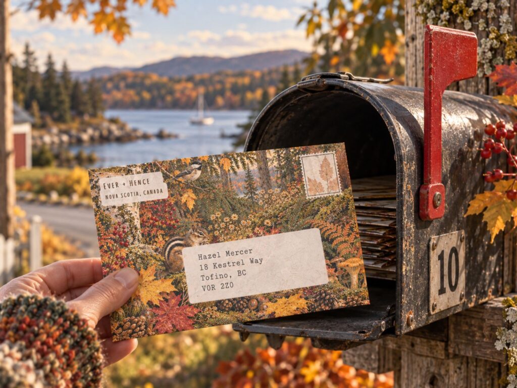 Ever + Hence October envelope being held beside an open rural mailbox overlooking an autumn lake.