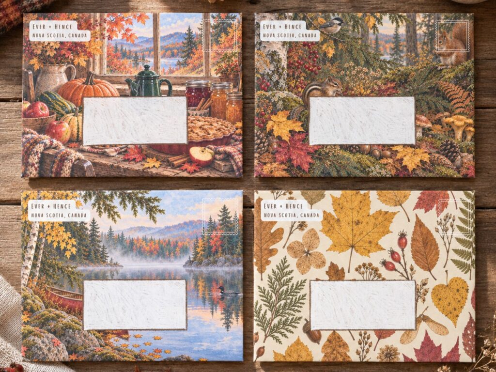 Four Ever + Hence October envelope designs arranged together on a wooden table, featuring autumn landscapes, woodland animals and botanical leaves.