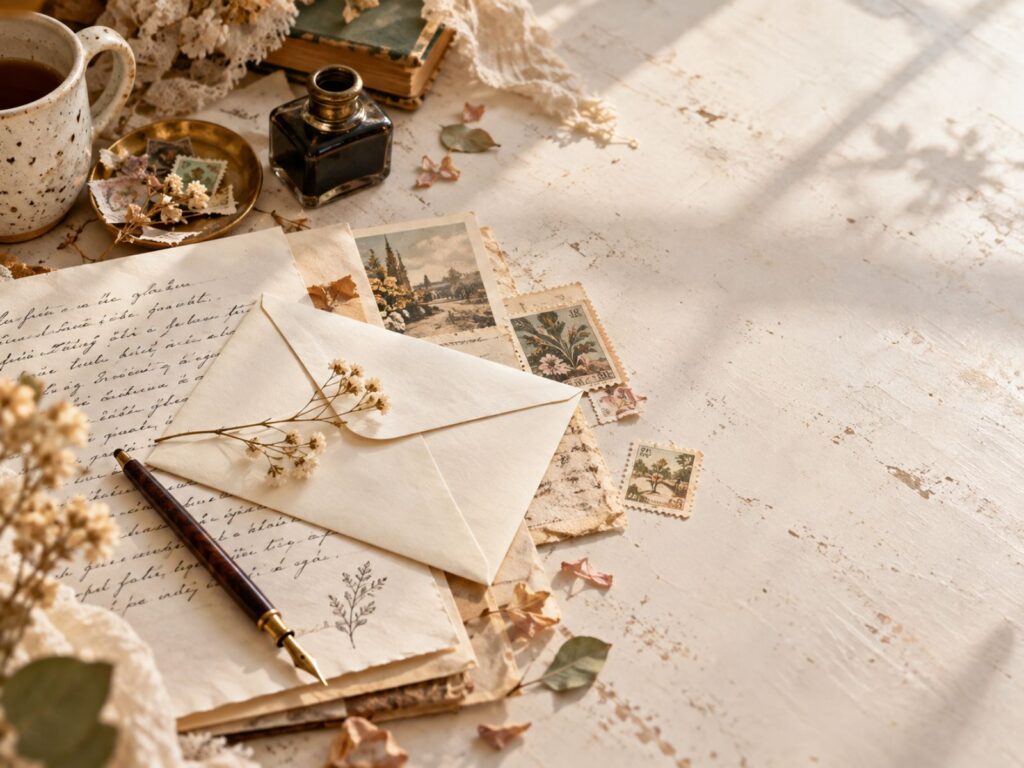 Vintage-style letter-writing scene with an envelope, handwritten paper, fountain pen, postage stamps and dried flowers on a light worktable.